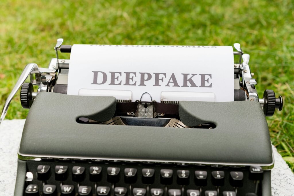 A vintage typewriter displaying the word 'Deepfake' on paper outdoors, highlighting technology contrast.